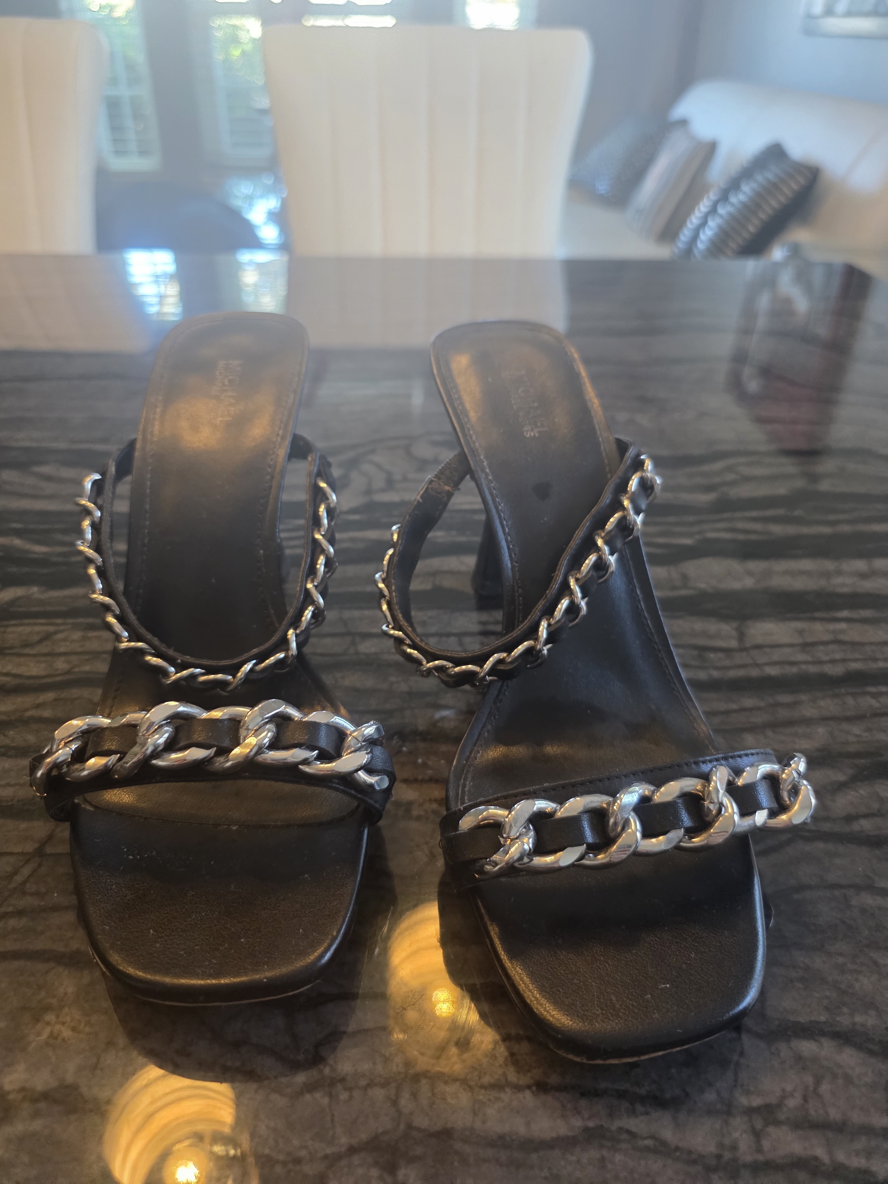 Michael Kors Black Slide Sandals With Silver Chain Trim